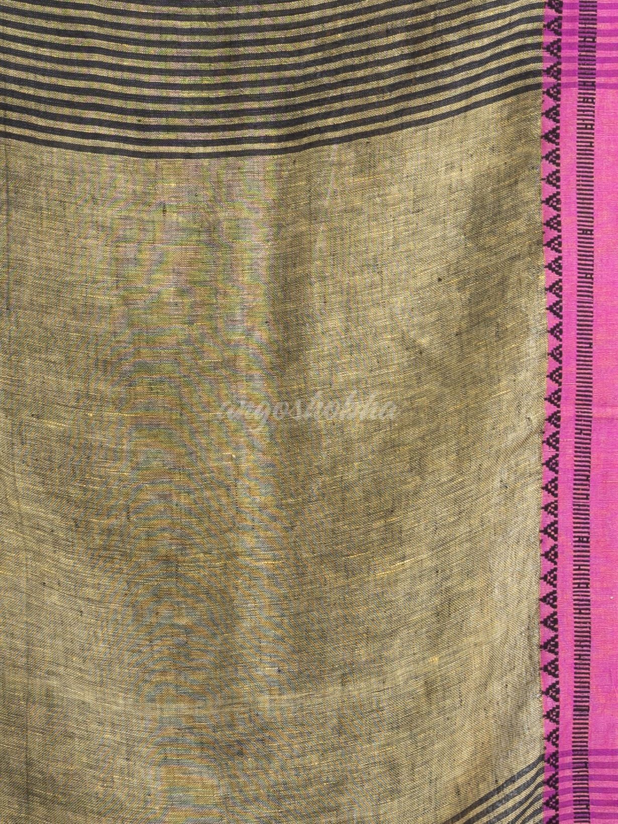 Charcoal with Lemon yellow pallu in jacquard boeder handwoven linen saree