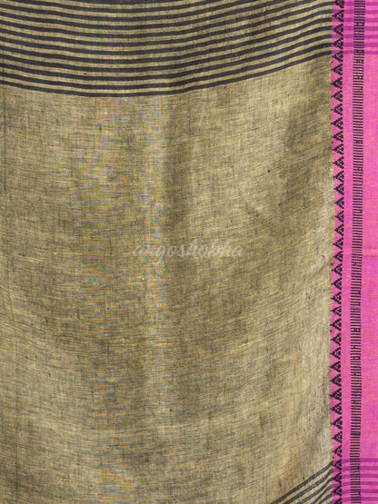 Charcoal with Lemon yellow pallu in jacquard boeder handwoven linen saree