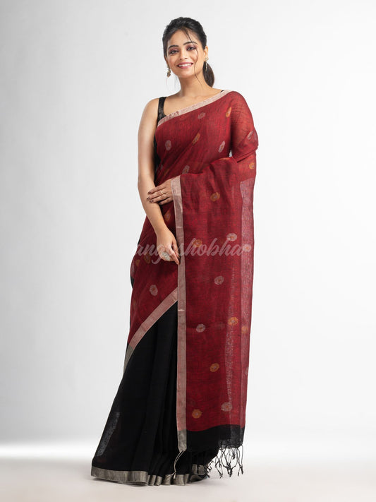 Black Red  half and half with ball buti pallu in silver zari border handwoven linen saree