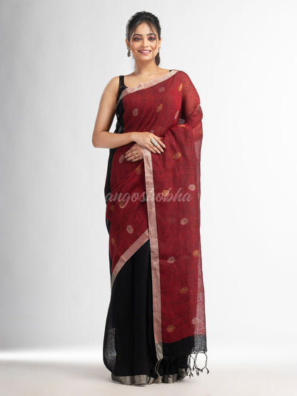 Black Red  half and half with ball buti pallu in silver zari border handwoven linen saree