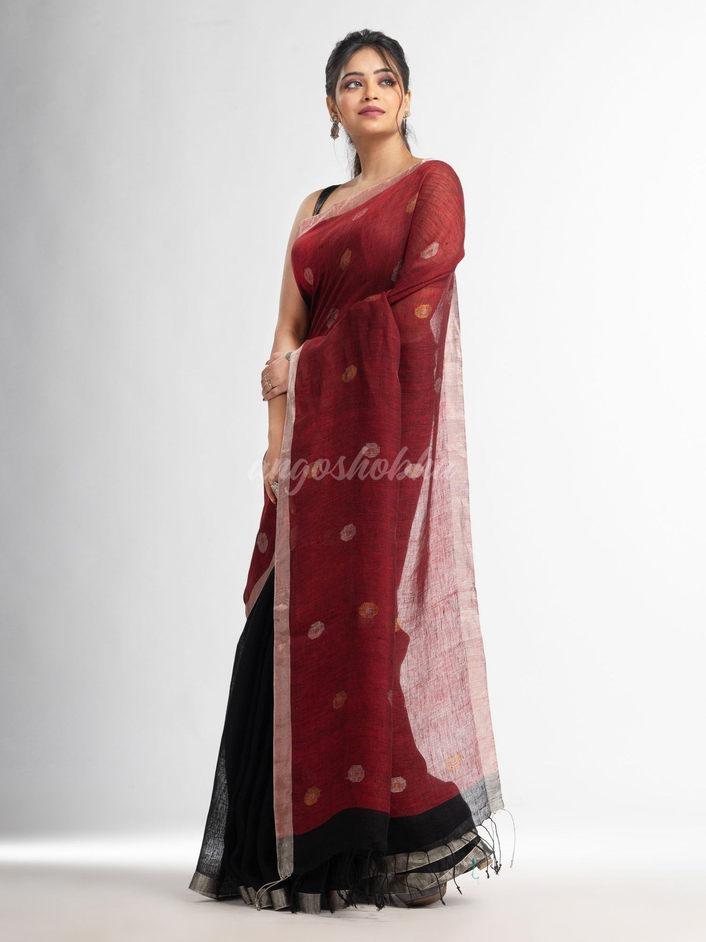 Black Red  half and half with ball buti pallu in silver zari border handwoven linen saree