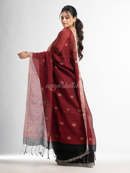 Black Red  half and half with ball buti pallu in silver zari border handwoven linen saree