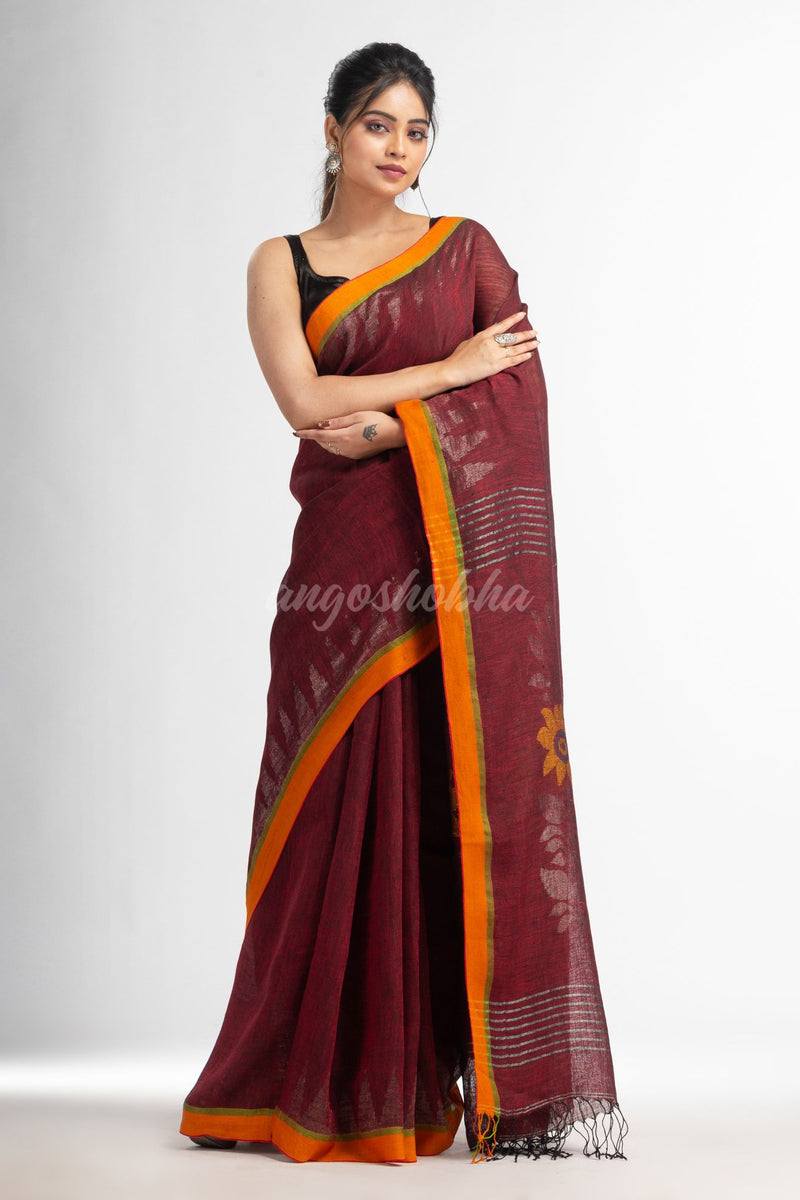 Maroon with jamdani pallu in temple border handwoven linen saree