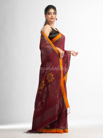 Maroon with jamdani pallu in temple border handwoven linen saree