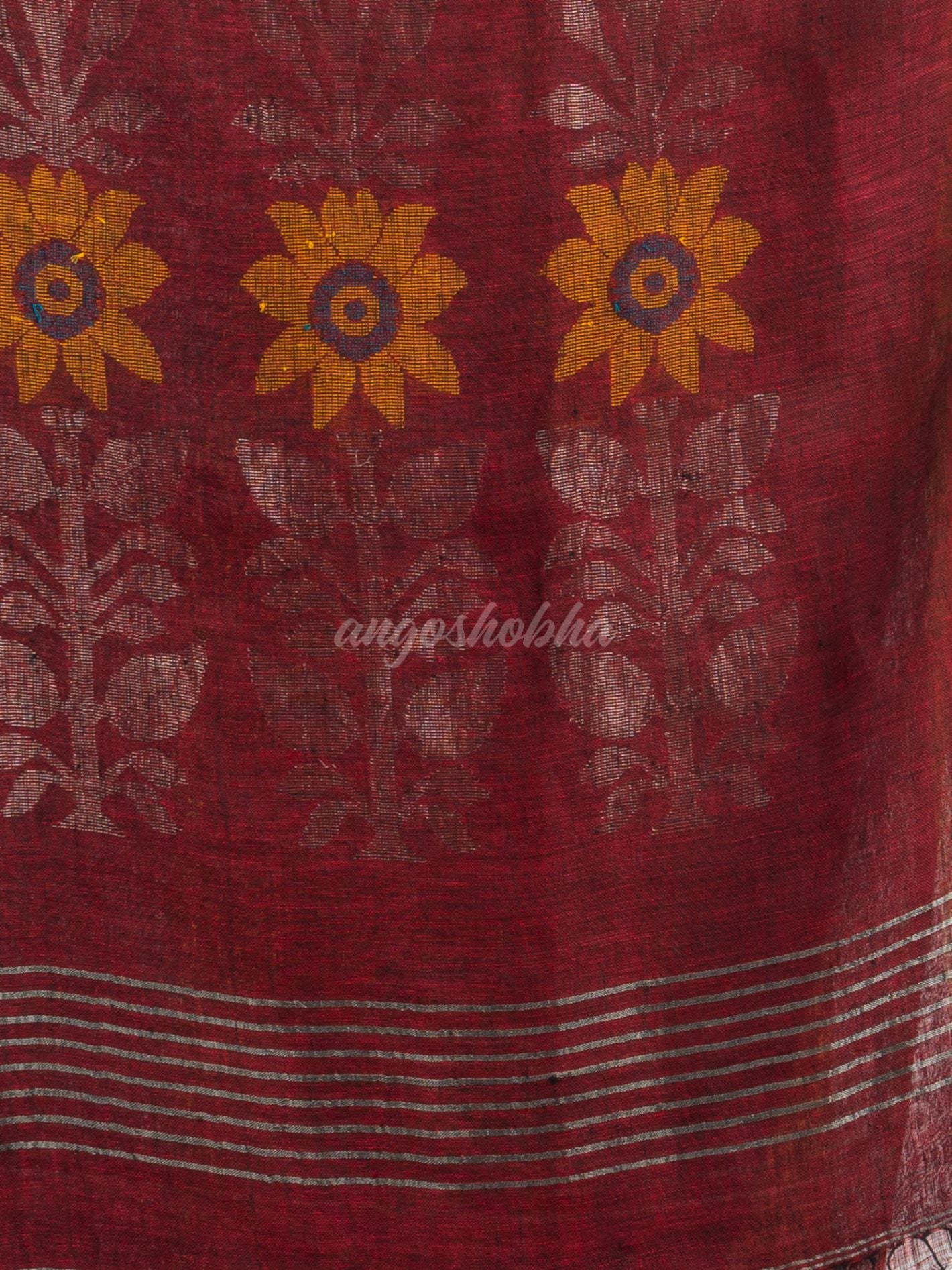 Maroon with jamdani pallu in temple border handwoven linen saree