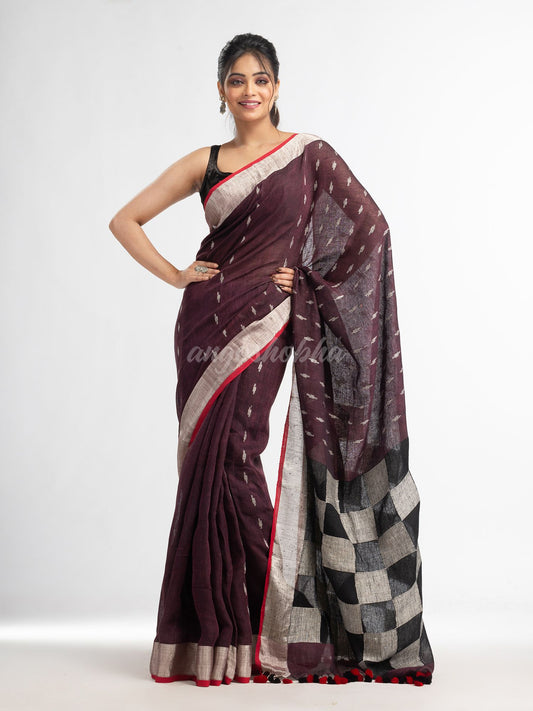 Coffee brown all body buti with box pallu in silver zari border handwoven linen saree