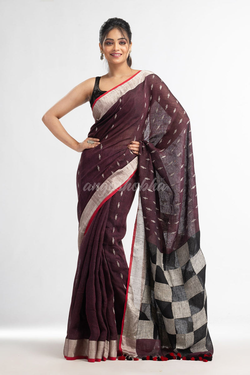 Coffee brown all body buti with box pallu in silver zari border handwoven linen saree