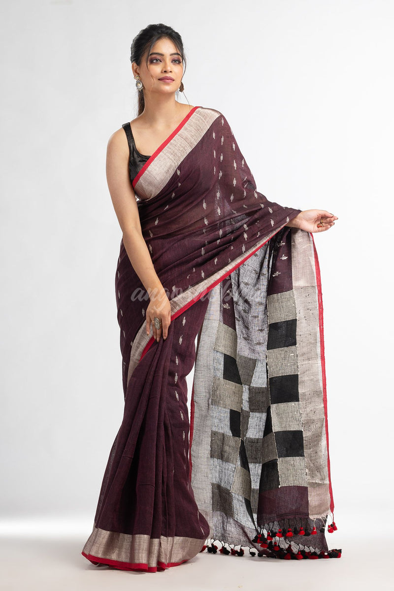 Coffee brown all body buti with box pallu in silver zari border handwoven linen saree