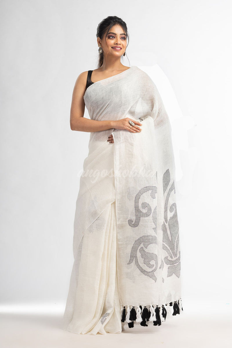 White  jamdani handwoven linen saree