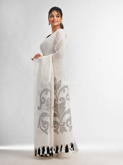 White  jamdani handwoven linen saree