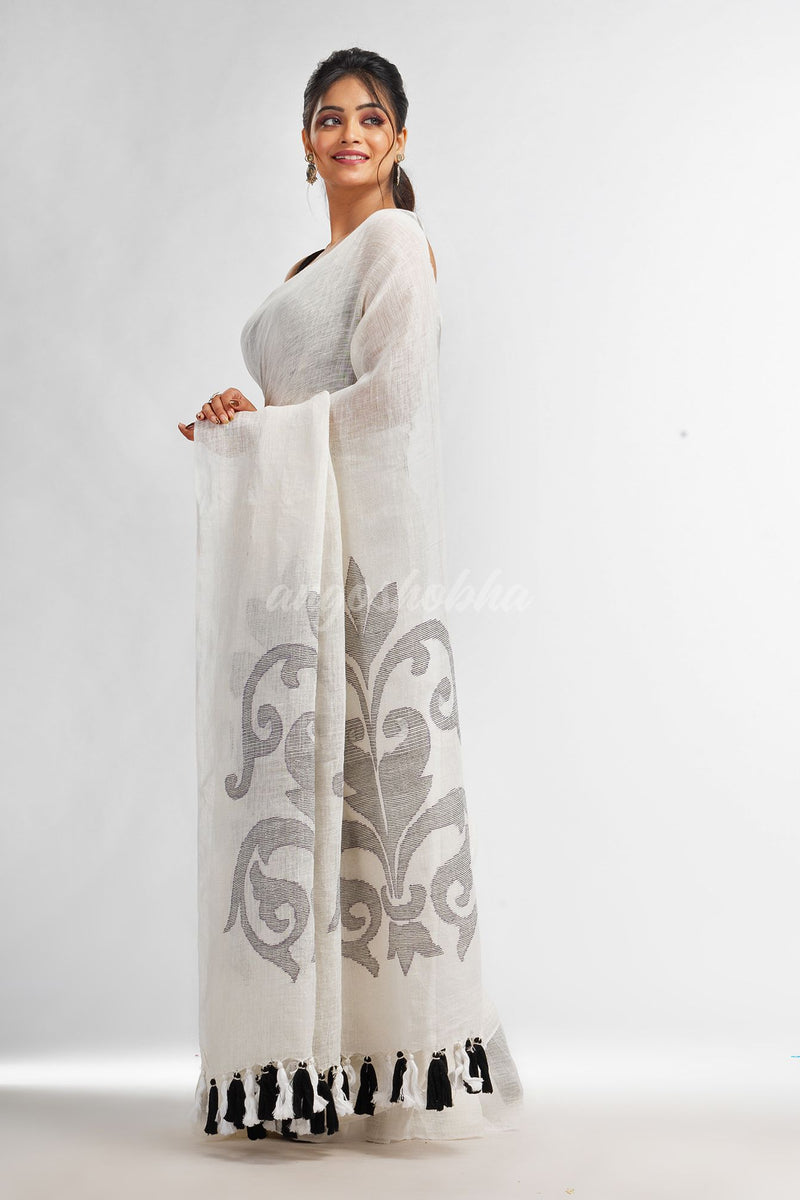 White  jamdani handwoven linen saree