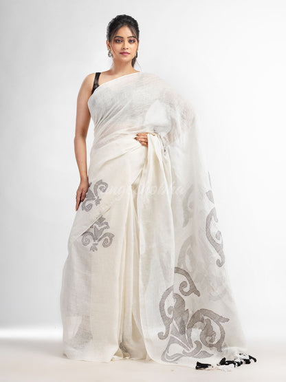 White  jamdani handwoven linen saree