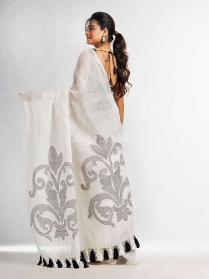 White  jamdani handwoven linen saree