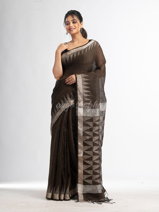 Coffee brown with all pallu zari buti in temple border handwoven linen saree