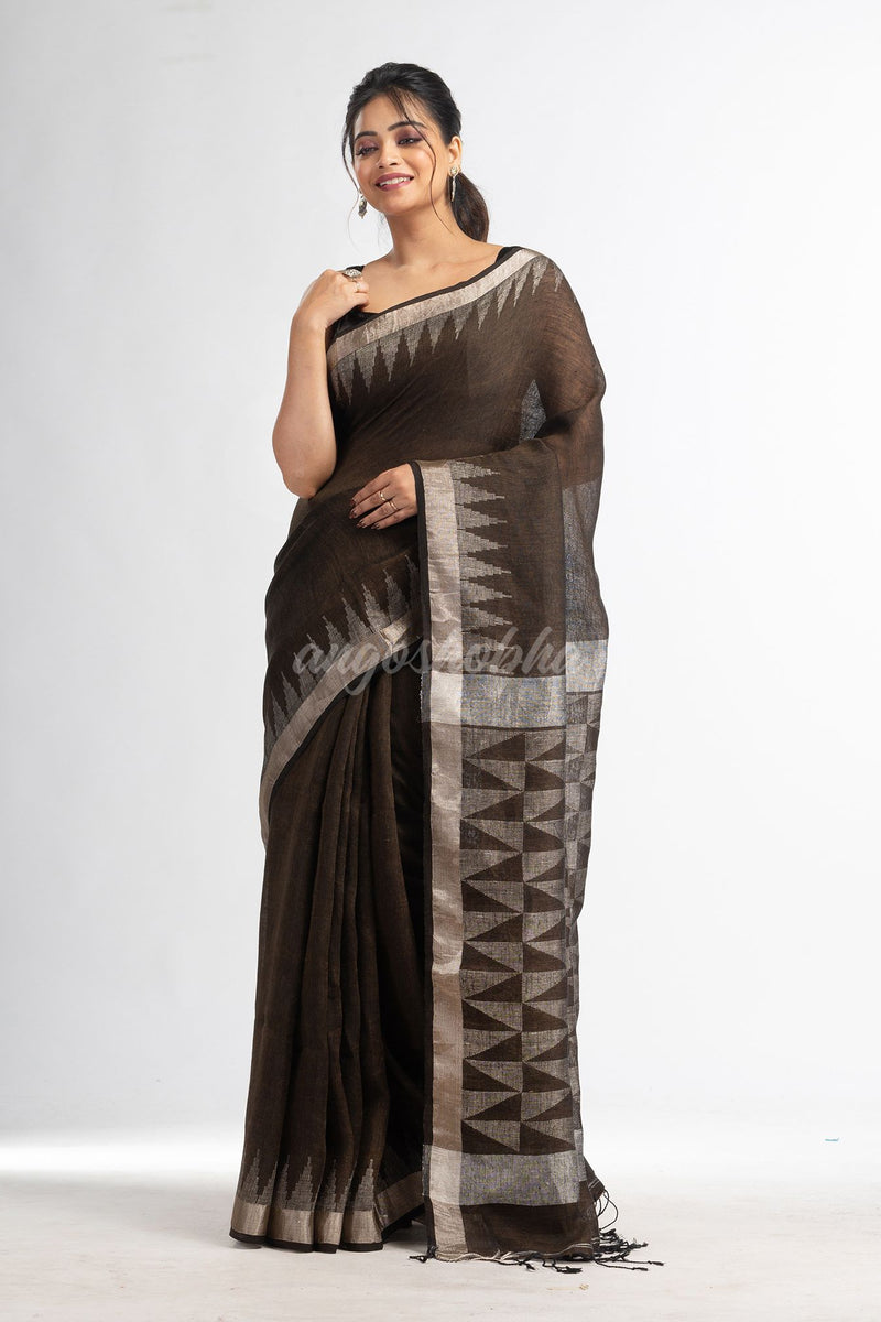 Coffee brown with all pallu zari buti in temple border handwoven linen saree