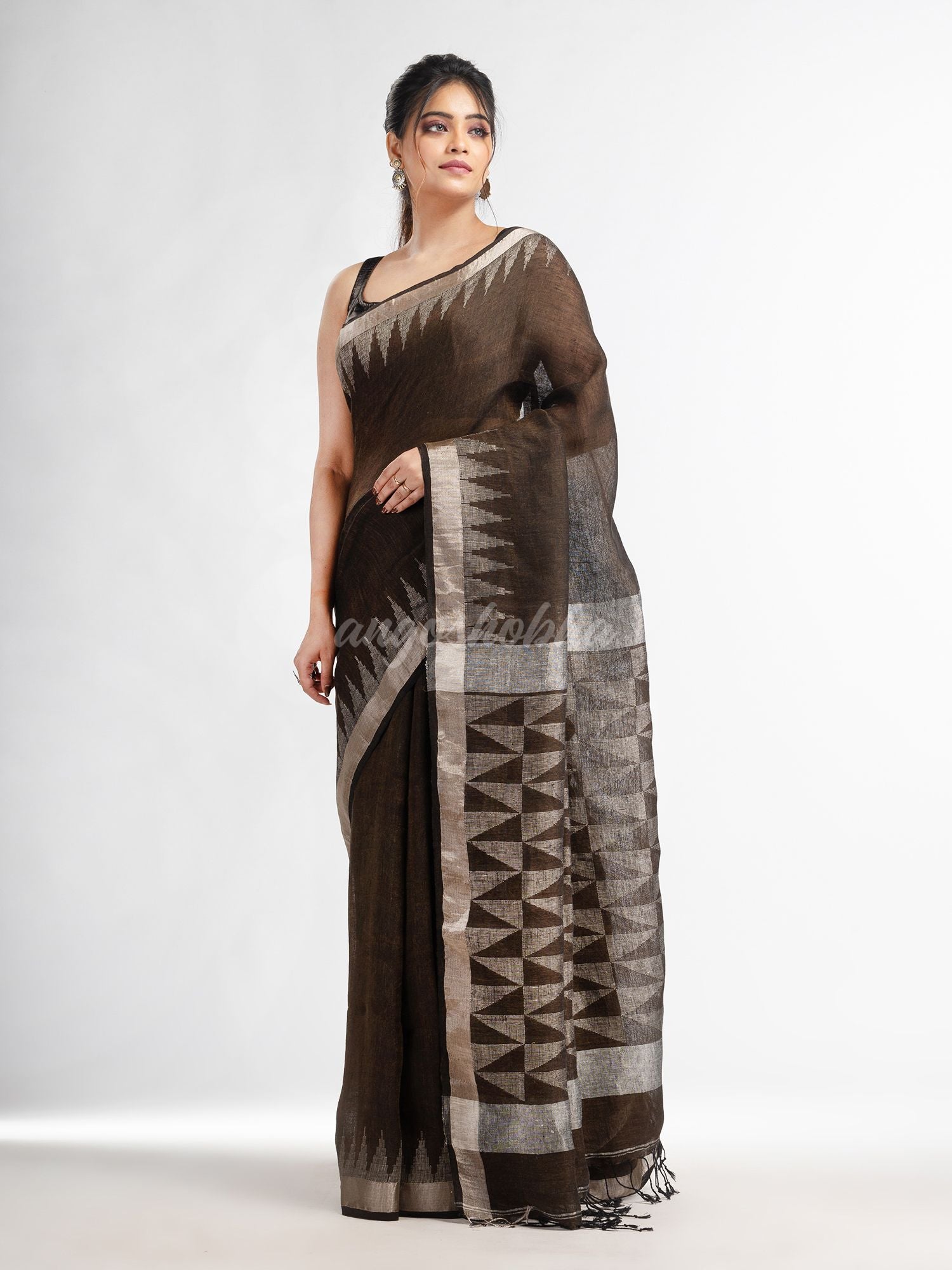 Coffee brown with all pallu zari buti in temple border handwoven linen saree