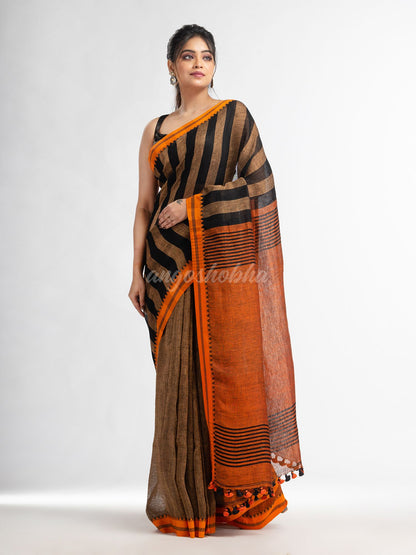 Sunset Brown all body stipe with rust pallu in jacquard boeder handwoven linen saree