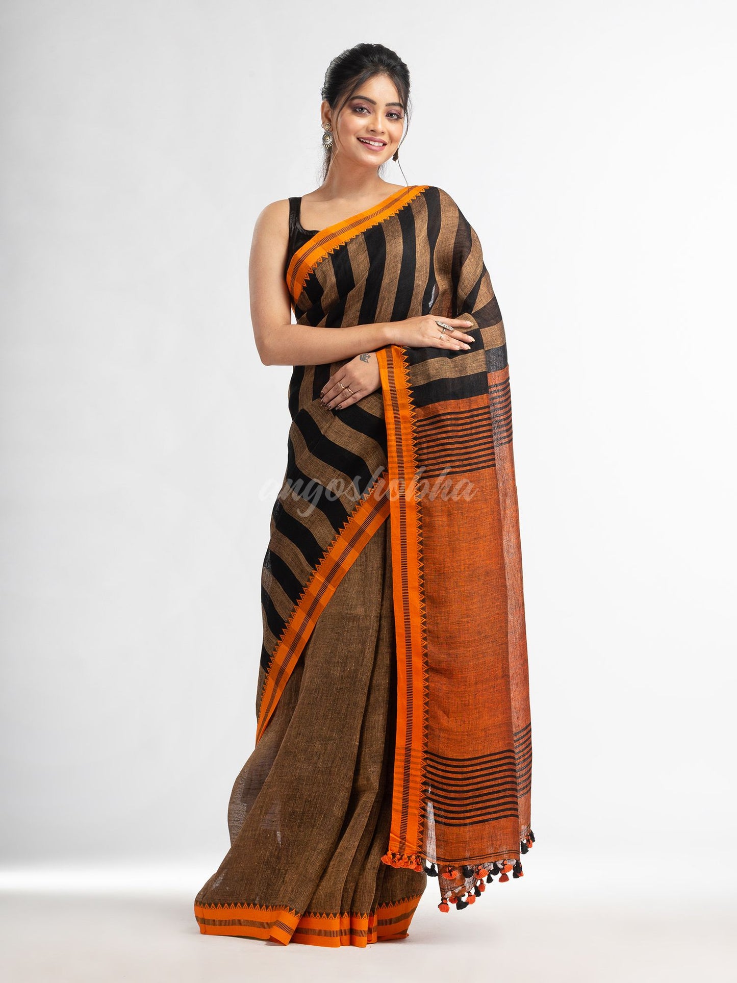 Sunset Brown all body stipe with rust pallu in jacquard boeder handwoven linen saree