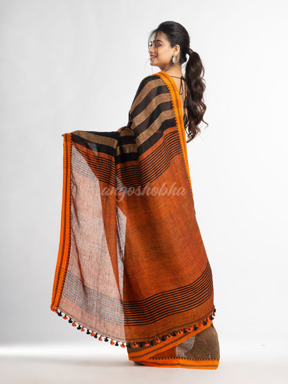 Sunset Brown all body stipe with rust pallu in jacquard boeder handwoven linen saree