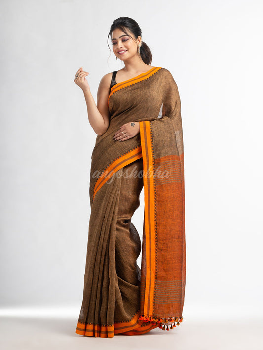 Sunset Brown stipe with rust pallu in jacquard boeder handwoven linen saree