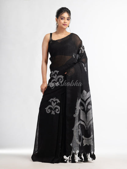 Black jamdani handwoven linen saree