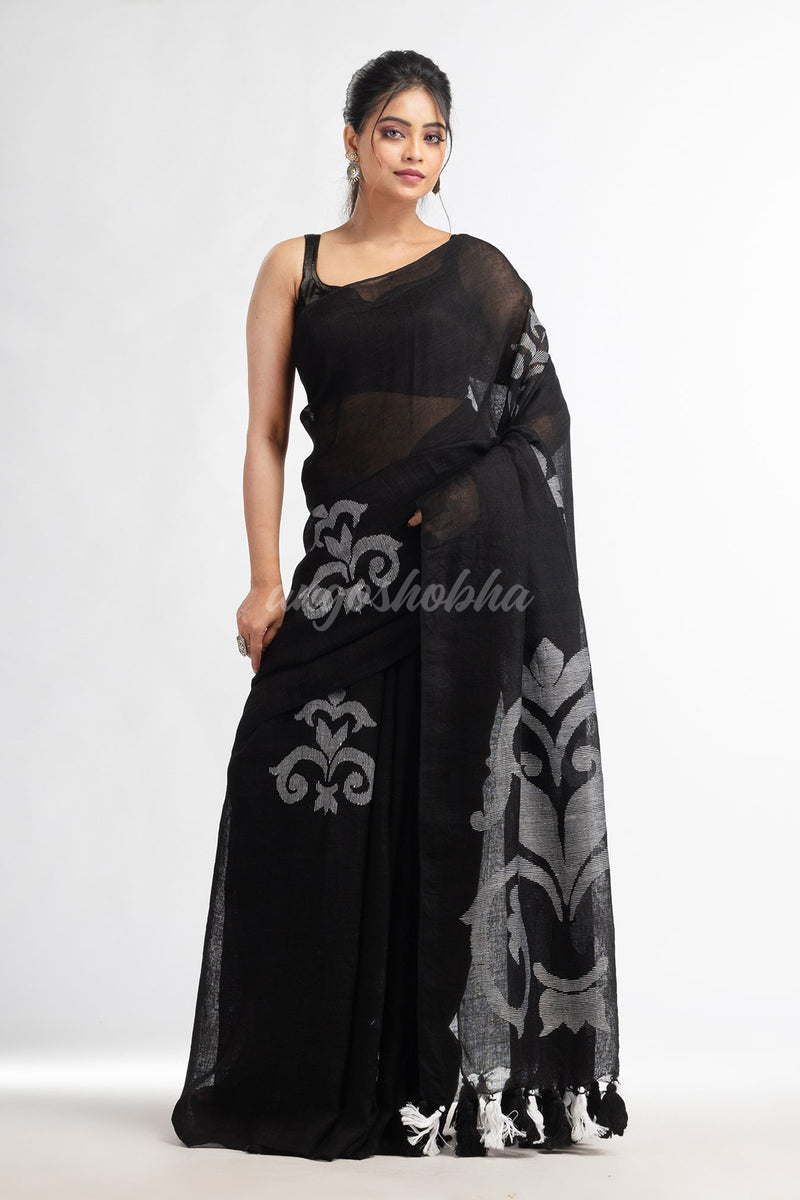 Black jamdani handwoven linen saree