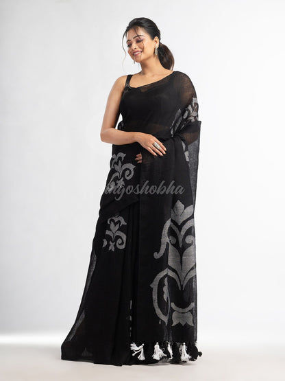 Black jamdani handwoven linen saree