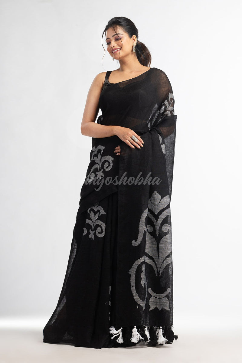Black jamdani handwoven linen saree