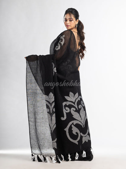 Black jamdani handwoven linen saree