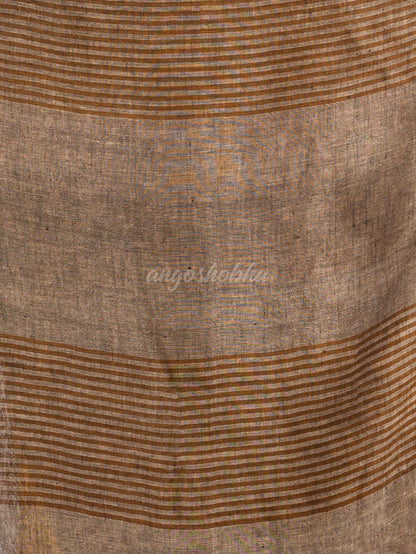 Brown with multi colour pallu in solit broder handwoven linen saree