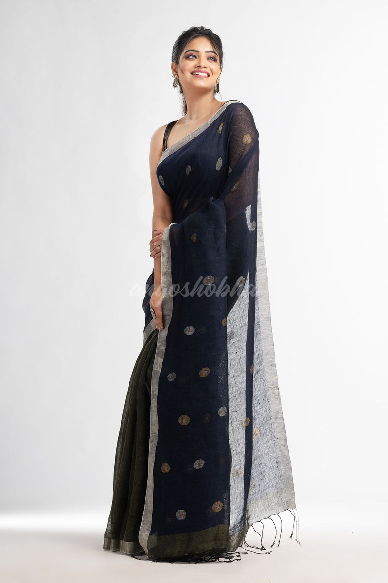 Sage Green Nevy blue  half and half with ball buti pallu in silver zari border handwoven linen saree