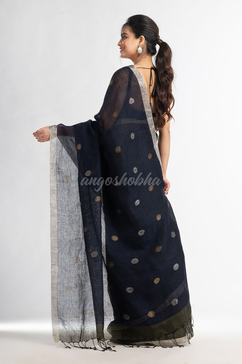 Sage Green Nevy blue  half and half with ball buti pallu in silver zari border handwoven linen saree