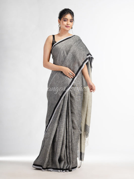 Grey twill weaving with sage green pallu in white and black border handwoven linen saree