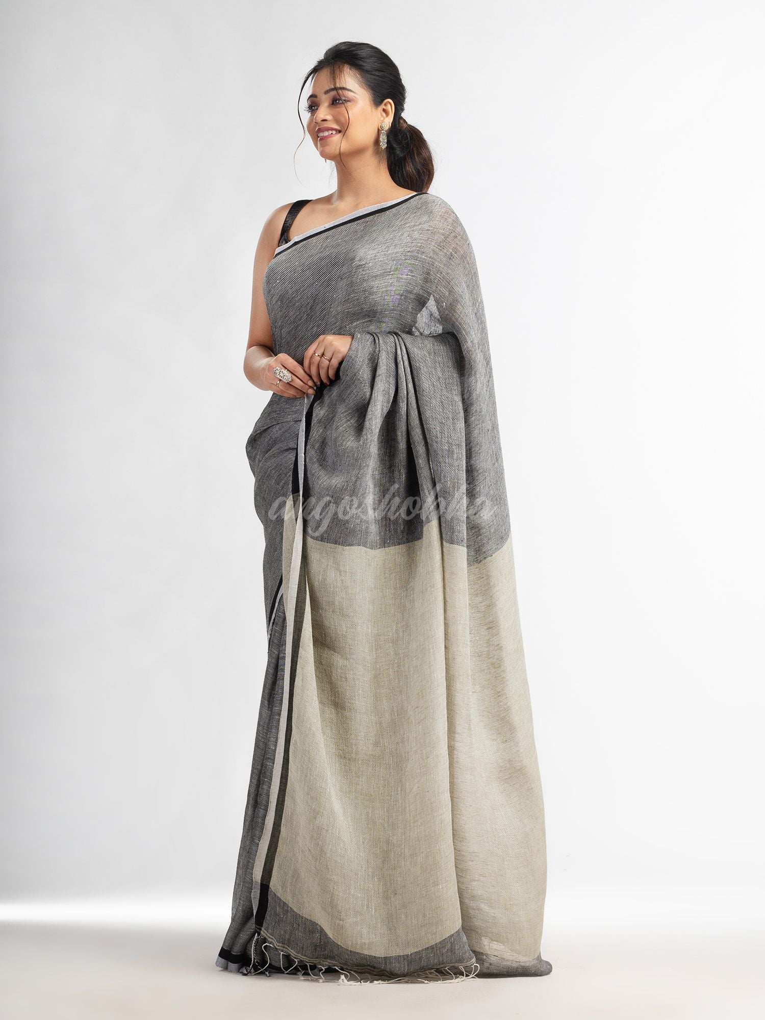Grey twill weaving with sage green pallu in white and black border handwoven linen saree