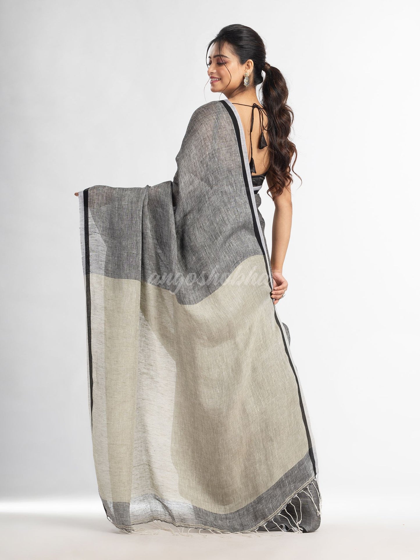 Grey twill weaving with sage green pallu in white and black border handwoven linen saree