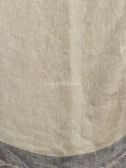 Grey twill weaving with sage green pallu in white and black border handwoven linen saree