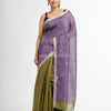 Sage green violet half and half with ball buti pallu in silver zari border handwoven linen saree