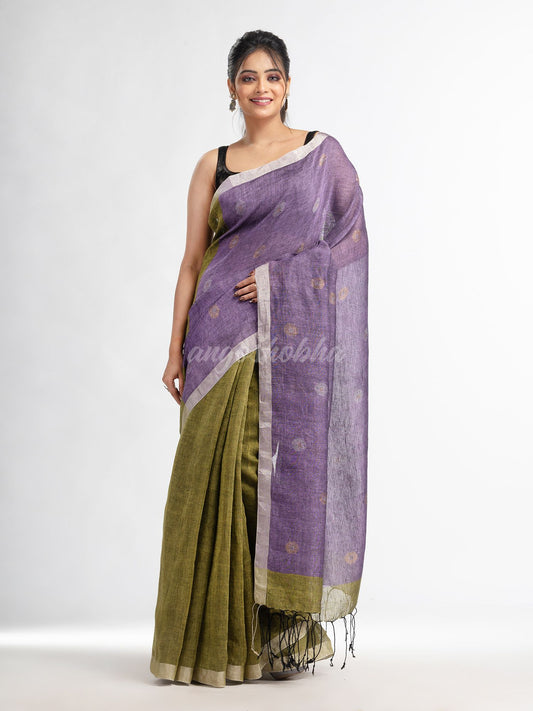 Sage green violet half and half with ball buti pallu in silver zari border handwoven linen saree