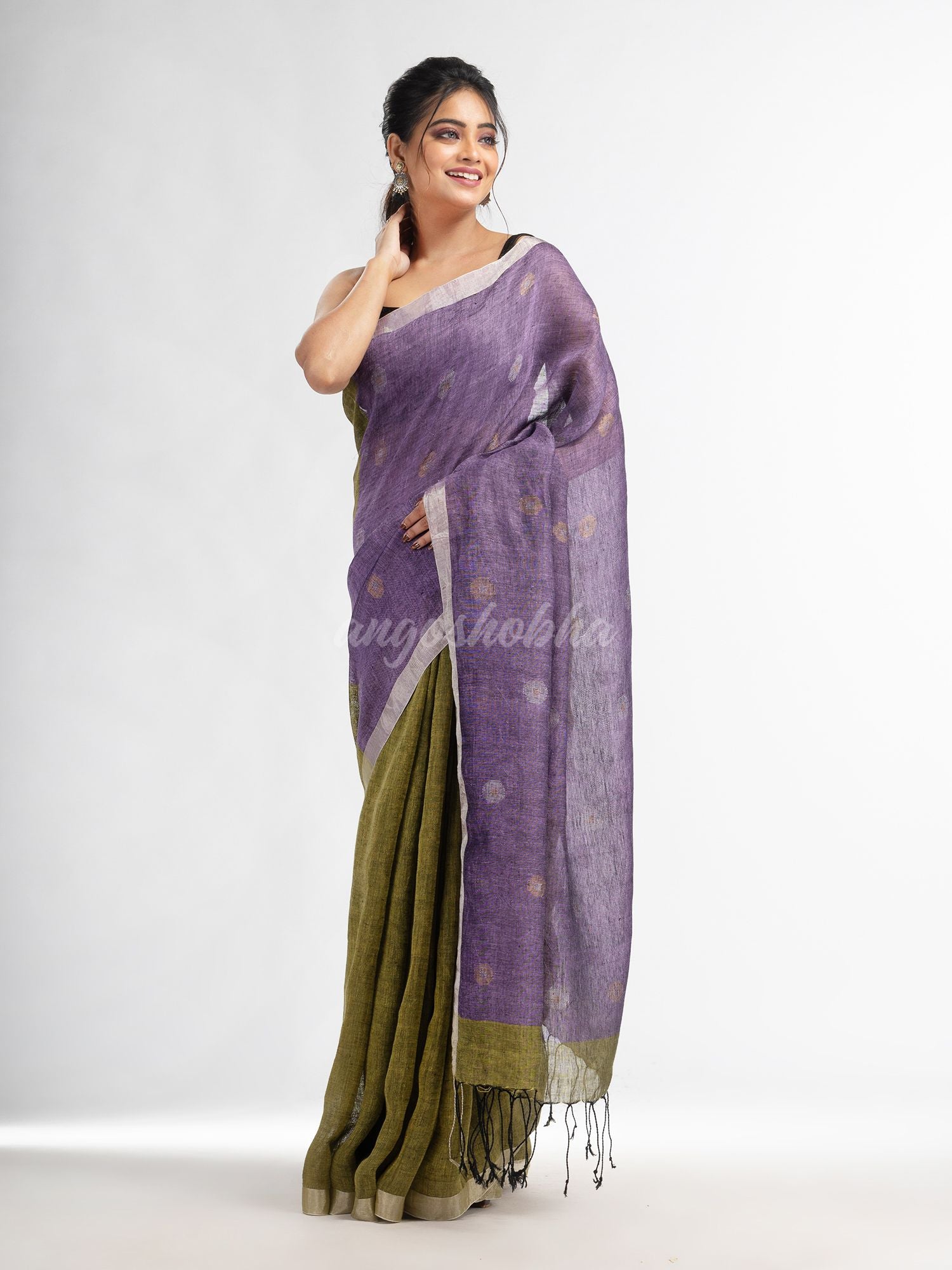 Sage green violet half and half with ball buti pallu in silver zari border handwoven linen saree