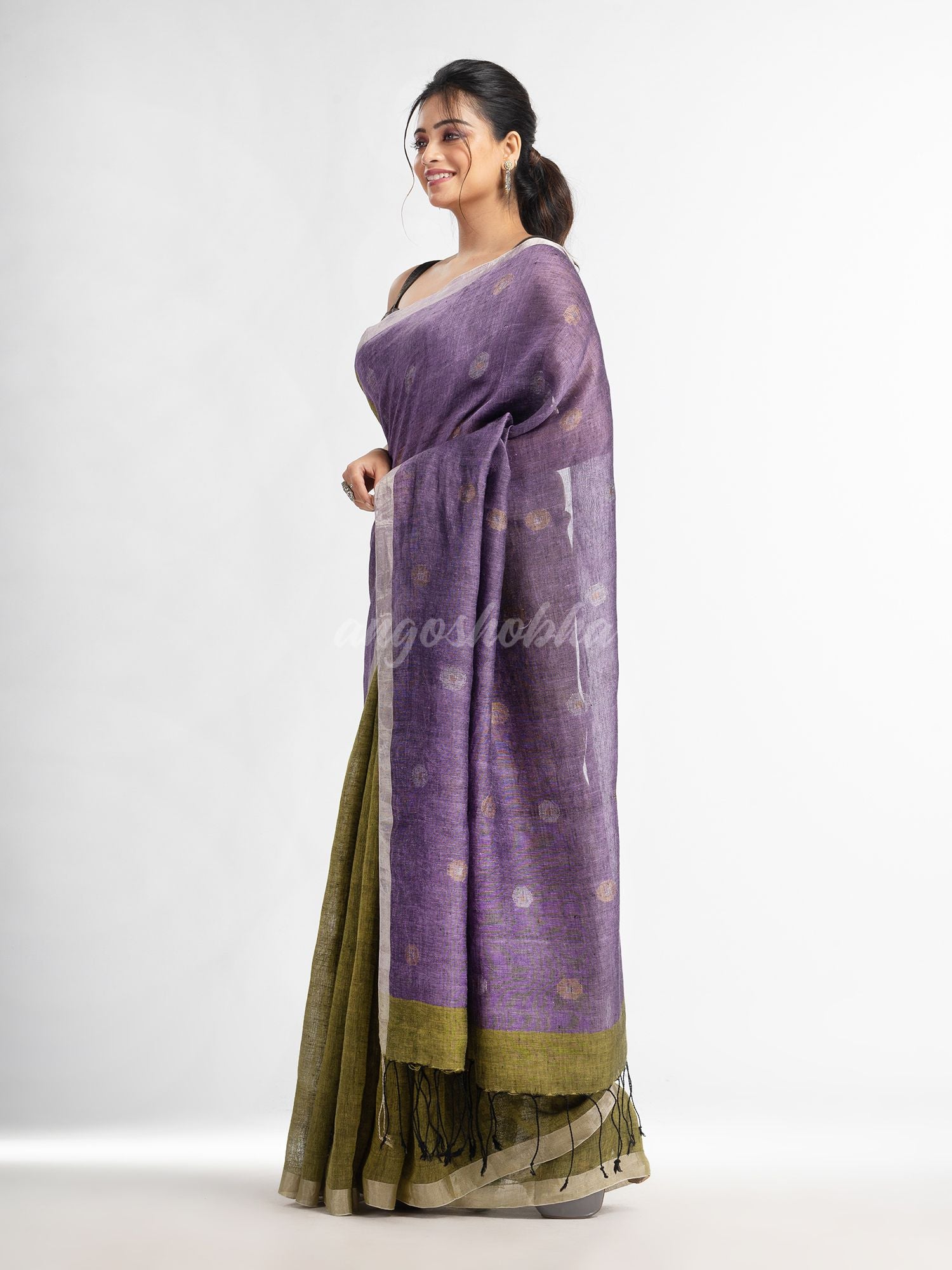 Sage green violet half and half with ball buti pallu in silver zari border handwoven linen saree