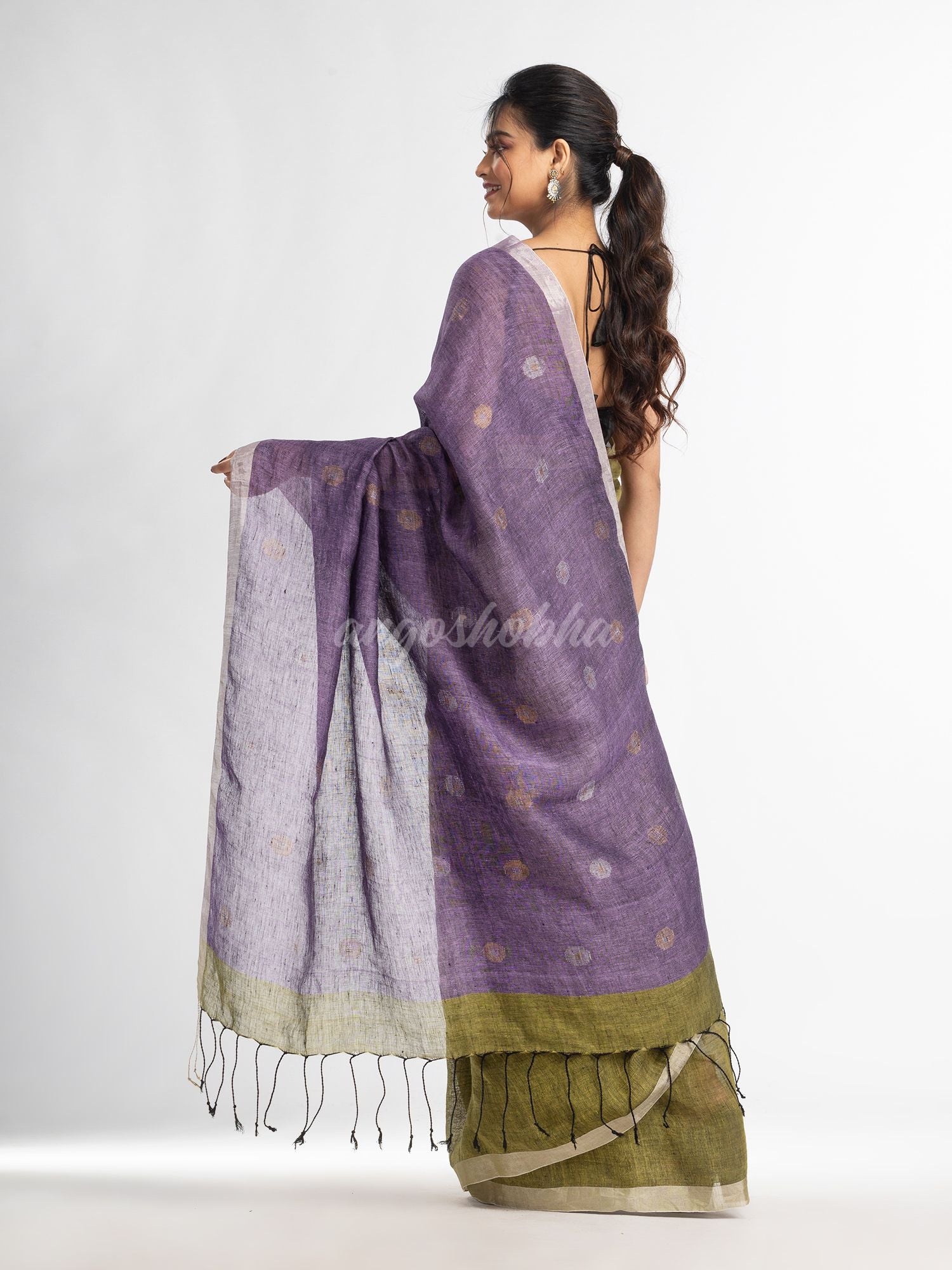 Sage green violet half and half with ball buti pallu in silver zari border handwoven linen saree
