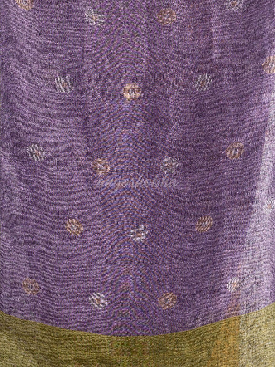 Sage green violet half and half with ball buti pallu in silver zari border handwoven linen saree