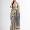 Sage green twill weaving with black pallu in white and black border handwoven linen saree