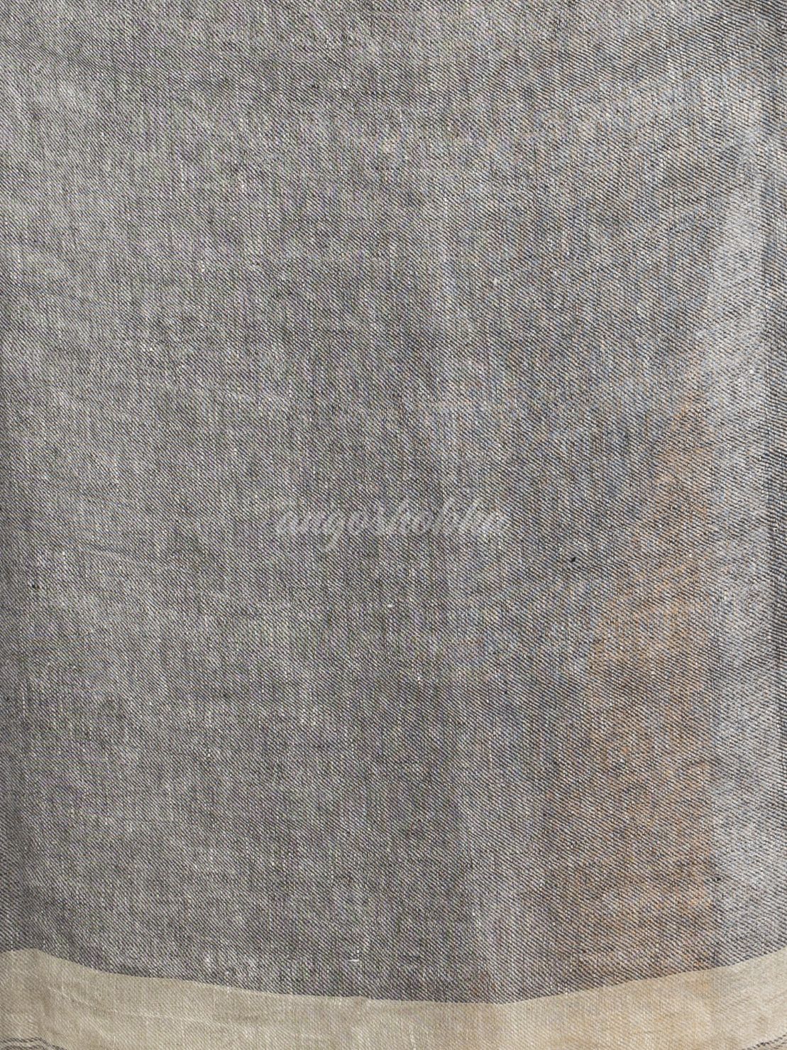 Sage green twill weaving with black pallu in white and black border handwoven linen saree