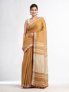 saffron with silver zari pallu in silver zari border handwoven linen saree
