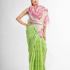 green pink half and half ziri check with silver zari pallu in zari border handwoven linen saree