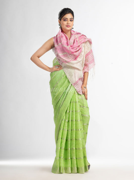 green pink half and half ziri check with silver zari pallu in zari border handwoven linen saree