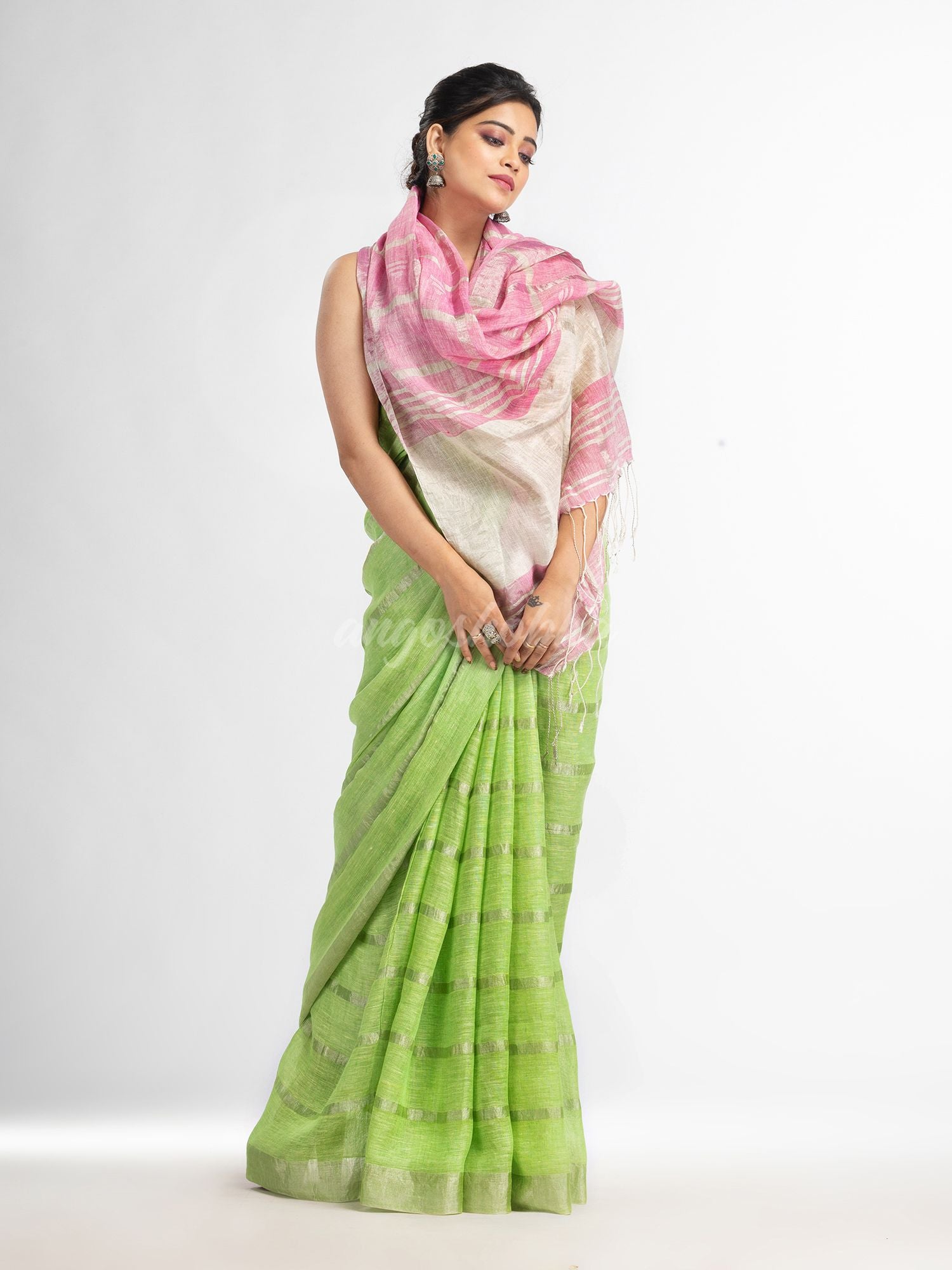 green pink half and half ziri check with silver zari pallu in zari border handwoven linen saree