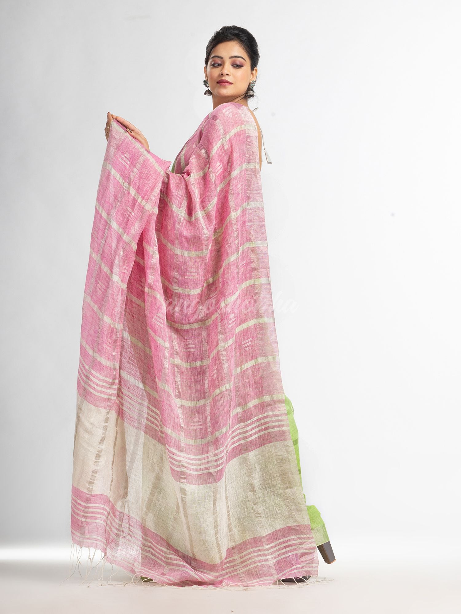 green pink half and half ziri check with silver zari pallu in zari border handwoven linen saree