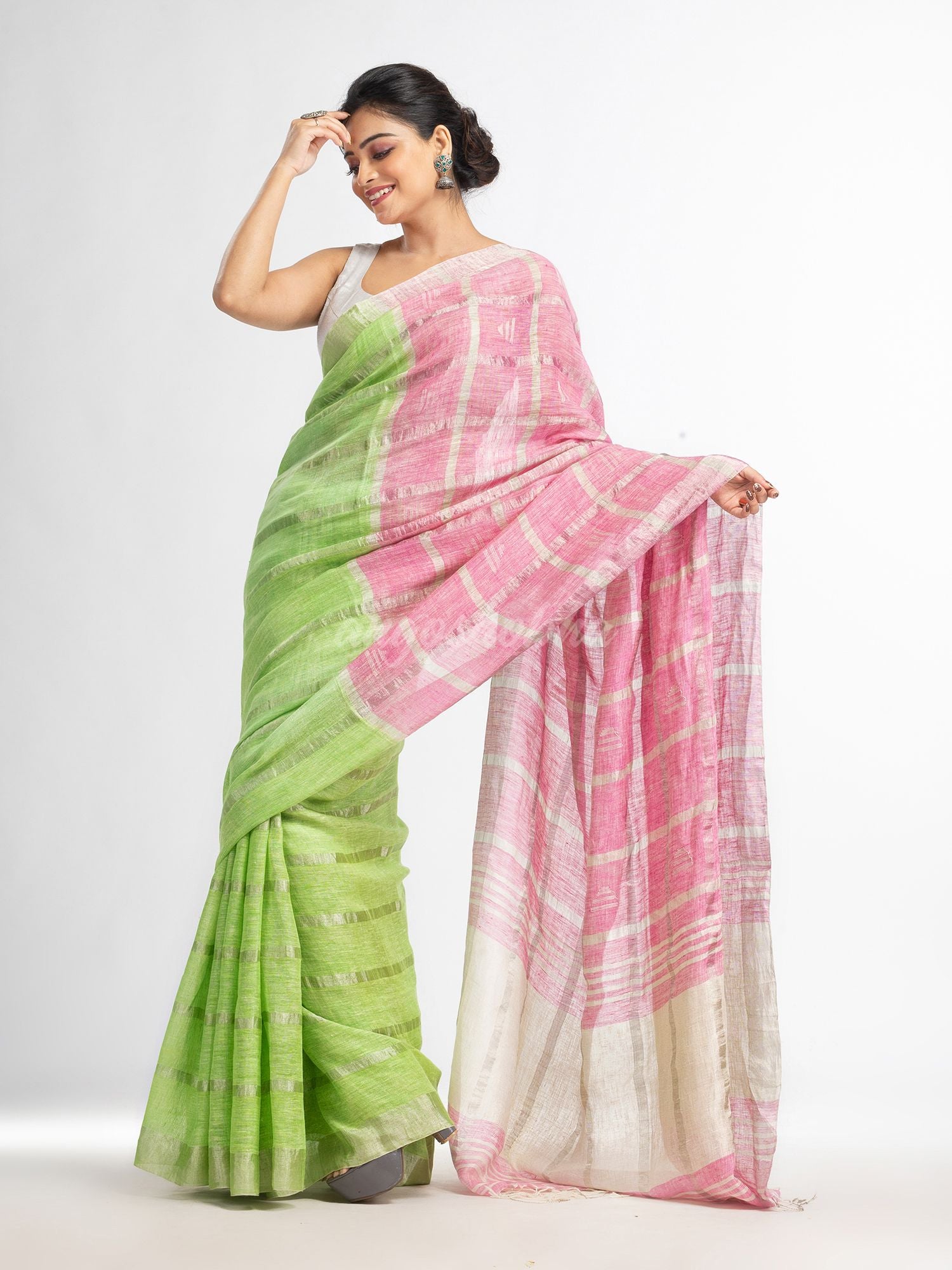 green pink half and half ziri check with silver zari pallu in zari border handwoven linen saree